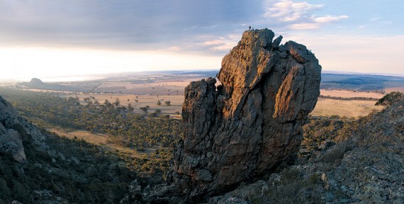 Rockclimbers on top of the Pharos at Mt Arapiles, Victoria, Australia.